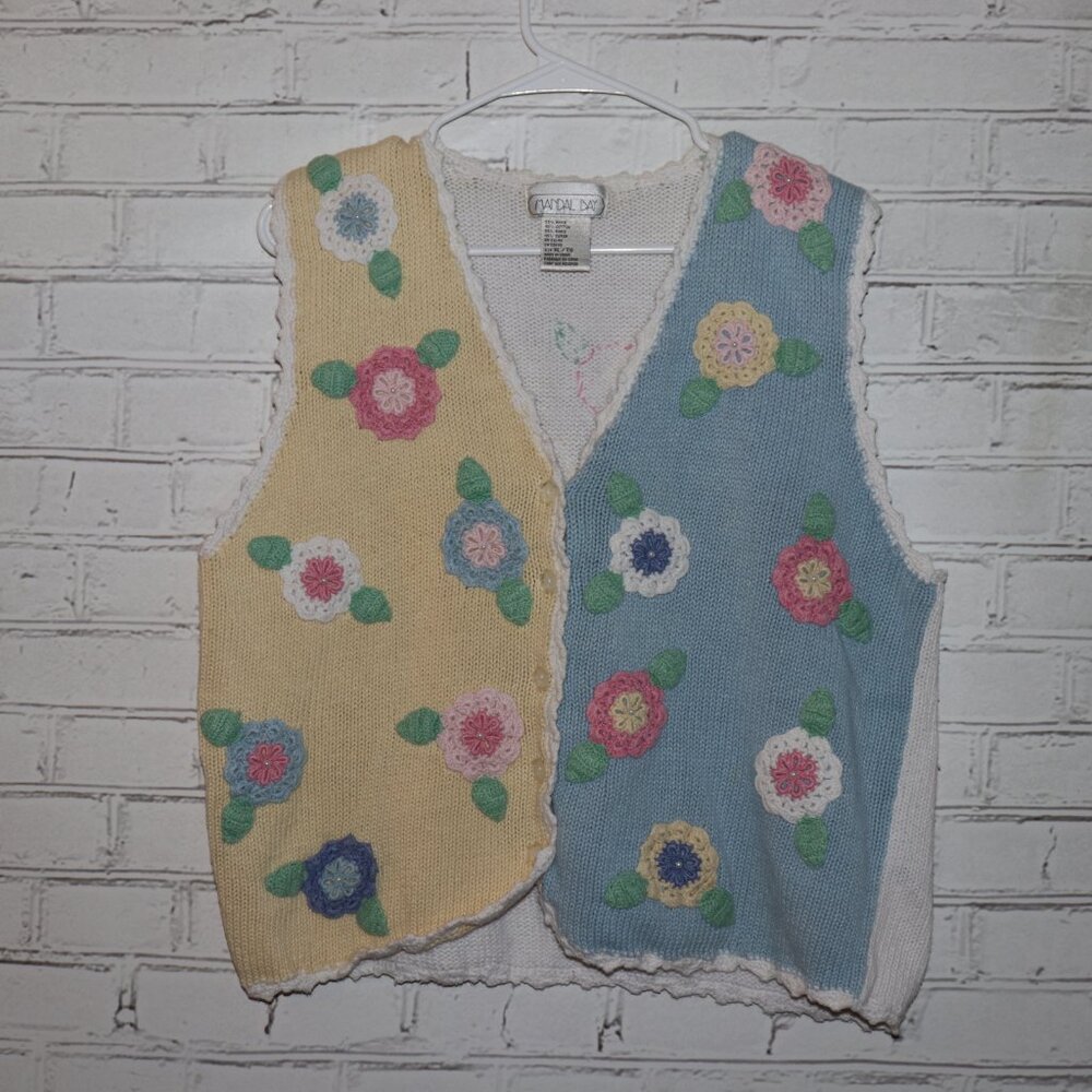 Vintage Floral Crochet Patchwork Knit Vest - Pastel Yellow & Blue